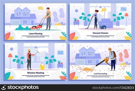 House Yard, Apartment, Office Cleaning Commercial Service Trendy Flat Vector Banners, Posters Set. Female, Male Workers Mowing Lawn, Vacuuming Room Floor, Washing Window, Removing Leaves Illustration