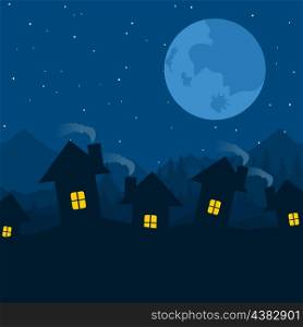 House5. Village at night against the star sky. A vector illustration