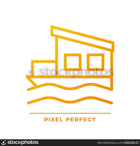 Houseboat pixel perfect gradient linear vector icon. Float house. Moored building in lake, river. Real estate. Thin line color symbol. Modern style pictogram. Vector isolated outline drawing. Houseboat pixel perfect gradient linear vector icon