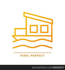 Houseboat pixel perfect gradient linear vector icon. Float house. Moored building in lake, river. Real estate. Thin line color symbol. Modern style pictogram. Vector isolated outline drawing. Houseboat pixel perfect gradient linear vector icon