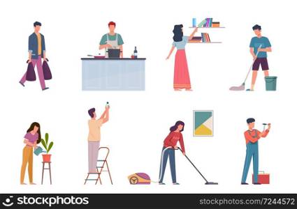 Household activities. Housekeeping chores, repair and cleaning home, people man or woman wash dishes and floor and vacuuming, cook vector cartoon isolated characters. Household activities. Housekeeping chores, repair and cleaning home, people wash dishes and floor and vacuuming, cook vector characters