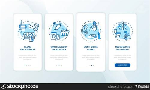 Household advices onboarding mobile app page screen with concepts. Cleaning surfaces, washing thoroughly walkthrough 4 steps graphic instructions. UI vector template with RGB color illustrations