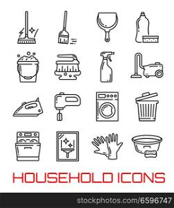 Household and home cleaning thin line icons. Vector symbols set of washing machine, vacuum cleaner or dishwasher and stove with detergent soap, water bucket or iron and glass polisher or garbage bin. Household icons vector thin line art