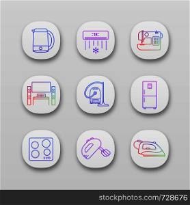 Household appliance app icons set. Electric kettle, air conditioner, sewing machine, home theater, vacuum cleaner, fridge, cooktop, mixer, steam iron. UI/UX interface. Vector isolated illustrations. Household appliance app icons set