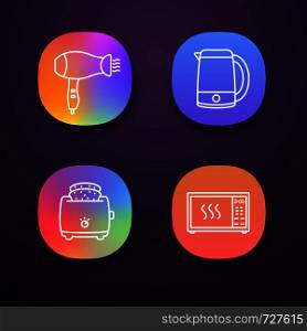 Household appliance app icons set. Hair dryer, electric kettle, slice toaster, microwave oven. UI/UX user interface. Web or mobile applications. Vector isolated illustrations. Household appliance app icons set