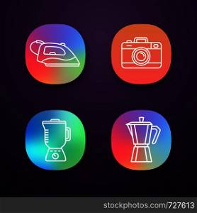 Household appliance app icons set. Steam iron, photo camera, blender, stove top coffee maker. UI/UX user interface. Web or mobile applications. Vector isolated illustrations. Household appliance app icons set