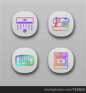 Household appliance app icons set. UI/UX user interface. Air conditioner, sewing machine, digital clock, kitchen stove. Web or mobile applications. Vector isolated illustrations. Household appliance app icons set