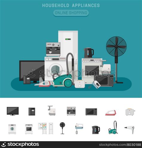 Household appliance banner with vector flat icons microwave, coffee machine, washing machine, etc.