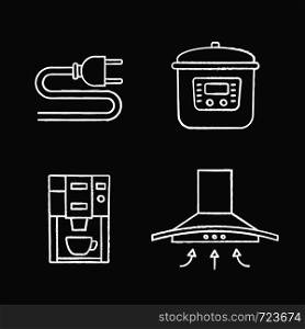 Household appliance chalk icons set. Electric plug, multicooker, coffee machine, range hood. Isolated vector chalkboard illustrations. Household appliance chalk icons set