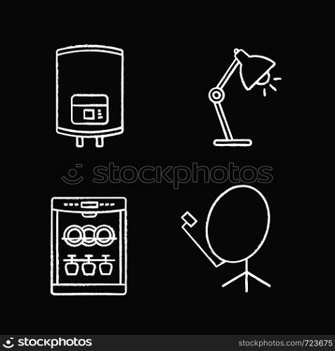 Household appliance chalk icons set. Electric water heater, table lamp, dishwasher, satellite dish. Isolated vector chalkboard illustrations. Household appliance chalk icons set