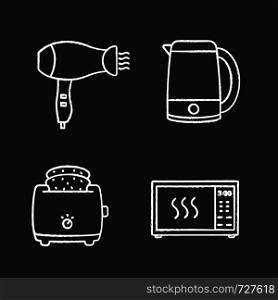Household appliance chalk icons set. Hair dryer, electric kettle, slice toaster, microwave oven. Isolated vector chalkboard illustrations. Household appliance chalk icons set