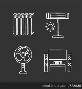 Household appliance chalk icons set. Radiators, infrared heater, stand floor fan, home theater system with TV. Isolated vector chalkboard illustrations. Household appliance chalk icons set