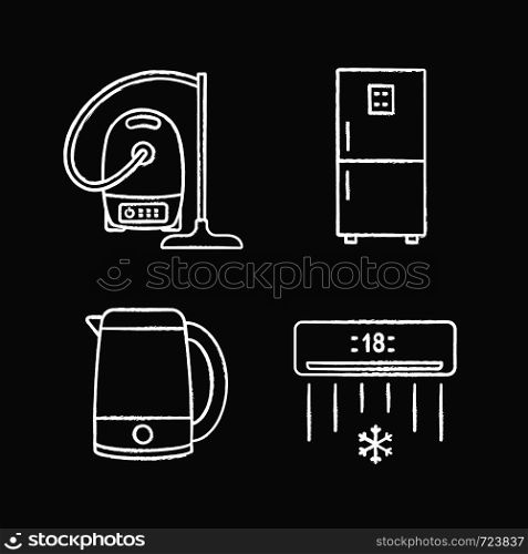 Household appliance chalk icons set. Vacuum cleaner, fridge, electric kettle, air conditioner. Isolated vector chalkboard illustrations. Household appliance chalk icons set