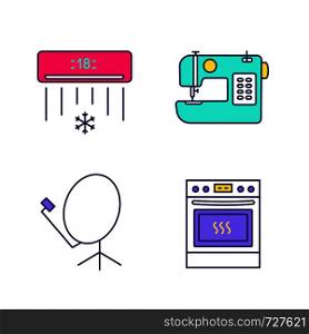 Household appliance color icons set. Air conditioner, sewing machine, satellite dish, kitchen stove. Isolated vector illustrations. Household appliance color icons set
