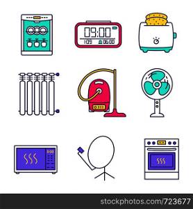 Household appliance color icons set. Dishwasher, digital clock, slice toaster, radiator, vacuum cleaner, floor fan, microwave oven, satellite dish, kitchen stove. Isolated vector illustrations. Household appliance color icons set