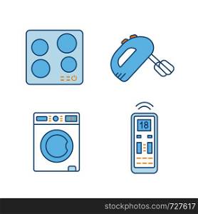 Household appliance color icons set. Electric induction hob, handheld mixer, washing machine, air conditioner remote control. Isolated vector illustrations. Household appliance color icons set