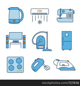 Household appliance color icons set. Electric kettle, air conditioner, sewing machine, home theater, vacuum cleaner, fridge, cooktop, handheld mixer, steam iron. Isolated vector illustrations. Household appliance color icons set