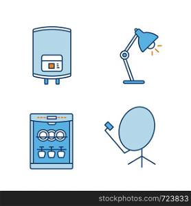 Household appliance color icons set. Electric water heater, table lamp, dishwasher, satellite dish. Isolated vector illustrations. Household appliance color icons set