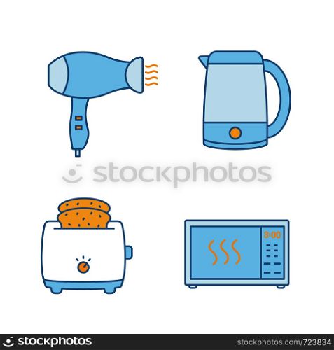 Household appliance color icons set. Hair dryer, electric kettle, slice toaster, microwave oven. Isolated vector illustrations. Household appliance color icons set
