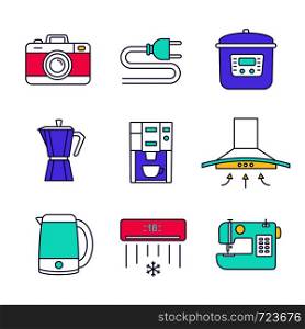 Household appliance color icons set. Photo camera, wire plug, multi cooker, coffee maker, range hood, electric kettle, coffee machine, air conditioner, sewing machine. Isolated vector illustrations. Household appliance color icons set