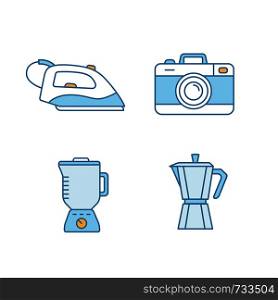 Household appliance color icons set. Steam iron, photo camera, blender, stove top coffee maker. Isolated vector illustrations. Household appliance color icons set