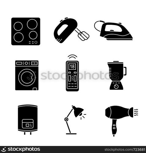 Household appliance glyph icons. Cooktop, handheld mixer, steam iron, washing machine, remote control, blender, water heater, table lamp, hair dryer. Silhouette symbols. Vector isolated illustration. Household appliance glyph icons