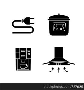 Household appliance glyph icons set. Electric plug, multicooker, coffee machine, range hood. Silhouette symbols. Vector isolated illustration. Household appliance glyph icons set