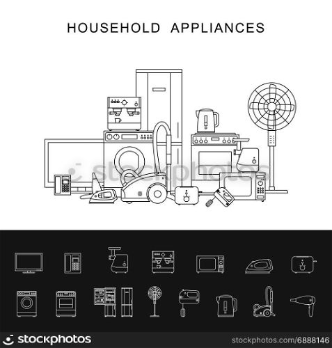 Household appliance line illustration.. Household appliance banner with vector line icons microwave, coffee machine, washing machine, etc.