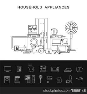 Household appliance line illustration.. Household appliance banner with vector line icons microwave, coffee machine, washing machine, etc.