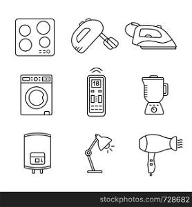 Household appliance linear icons set. Cooktop, mixer, steam iron, washing machine, remote control, blender, water heater, table lamp, hair dryer. Isolated vector outline illustrations. Editable stroke. Household appliance linear icons set