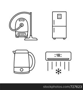 Household appliance linear icons set. Vacuum cleaner, fridge, electric kettle, air conditioner. Thin line contour symbols. Isolated vector outline illustrations. Editable stroke. Household appliance linear icons set
