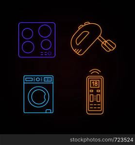 Household appliance neon light icons set. Electric induction hob, handheld mixer, washing machine, air conditioner remote control. Glowing signs. Vector isolated illustrations. Household appliance neon light icons set