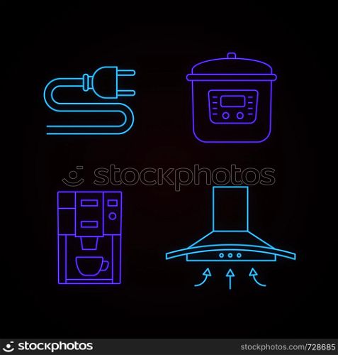 Household appliance neon light icons set. Electric plug, multicooker, coffee machine, range hood. Glowing signs. Vector isolated illustrations. Household appliance neon light icons set