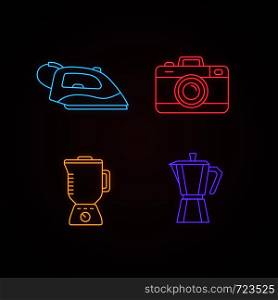 Household appliance neon light icons set. Steam iron, photo camera, blender, stove top coffee maker. Glowing signs. Vector isolated illustrations. Household appliance neon light icons set