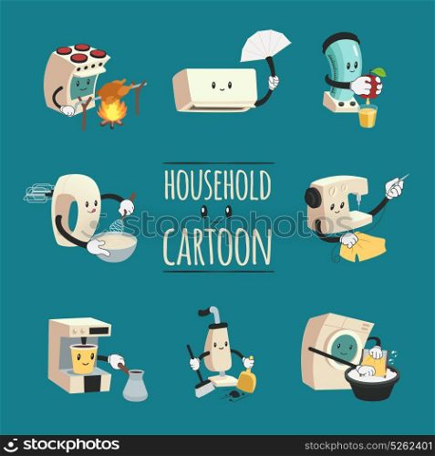 Household Appliances Cartoon Design Concept. Household design concept with electrical appliances to aid housewife in cartoon style on blue background flat vector illustration
