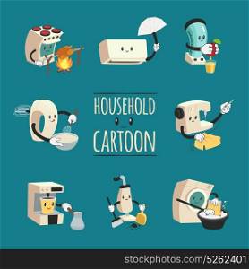 Household Appliances Cartoon Design Concept. Household design concept with electrical appliances to aid housewife in cartoon style on blue background flat vector illustration