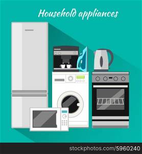 Household appliances flat design. Household items, washing machine, kitchen appliances, equipment and kitchen, machine and stove, cooking domestic, microwave electric illustration