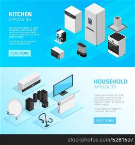 Household Appliances Horizontal Banners. Household appliances horizontal banners with kitchen equipment and digital and electronic devices isometric vector illustration