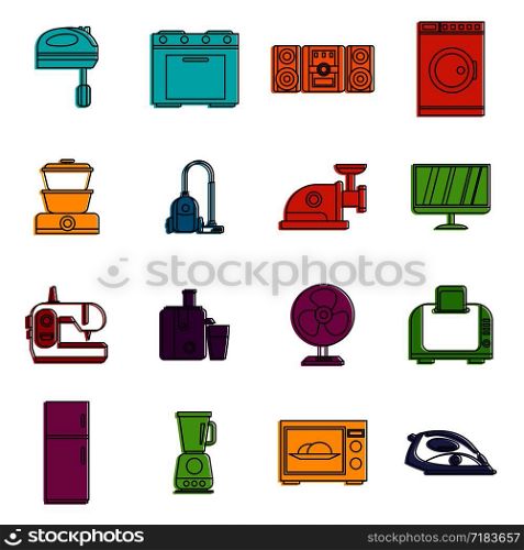 Household appliances icons set. Doodle illustration of vector icons isolated on white background for any web design. Household appliances icons doodle set
