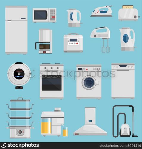 Household Appliances Icons Set . Household appliances icons set with microwave fridge and vacuum cleaner on blue background flat isolated vector illustration
