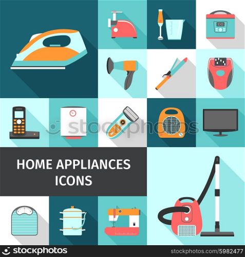 Household Appliances Icons Set. Household appliances shadow icons set with TV telephone and blender flat isolated vector illustration