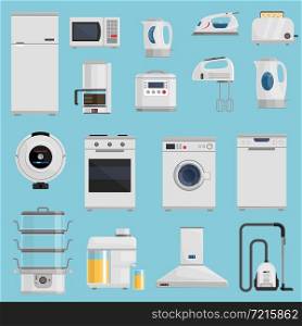 Household appliances icons set with microwave fridge and vacuum cleaner on blue background flat isolated vector illustration . Household Appliances Icons Set