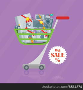 Household Appliances in Tolley Flat Style Design. Big sale concept. Household appliances in trolley flat style design. Illustration for electronics stores advertising. Purchase of electric equipment for every day use. Set of devices in cart. Vector
