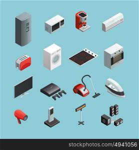 Household Appliances Isometric Icons Set. Household appliances isometric icons set with vacuum cleaner refrigerator washing machine and coffee maker isolated vector illustration