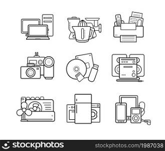 Household appliances line art icons set. Electronics online store. Vector. Household appliances line art icons set