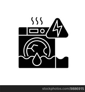 Household appliances malfunction black glyph icon. Washing machine, dishwasher. Appliance breakdown. Troubleshooting problems. Silhouette symbol on white space. Vector isolated illustration. Household appliances malfunction black glyph icon