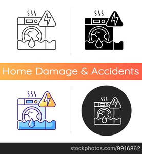 Household appliances malfunction icon. Washing machine, dishwasher. Appliance breakdown. Troubleshooting problems. Worn-out wiring. Linear black and RGB color styles. Isolated vector illustrations. Household appliances malfunction icon