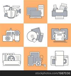 Household appliances. Modern house consumer electronics web store items. Flat design linear vector gadgets icons set.. Home electronics icons set