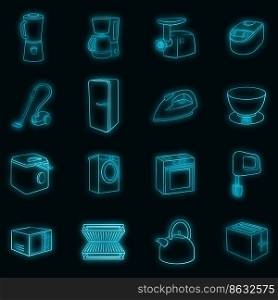 Household appliances set icons in neon style isolated on a black background. Household appliances icons set vector neon