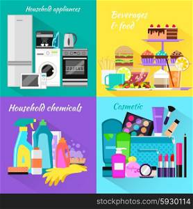 Household beverages food and cosmetic. Appliance and makeup fashion, lipstick and brush, powder and care, detergents and mascara, bottle product, drink and kitchen equipment illustration
